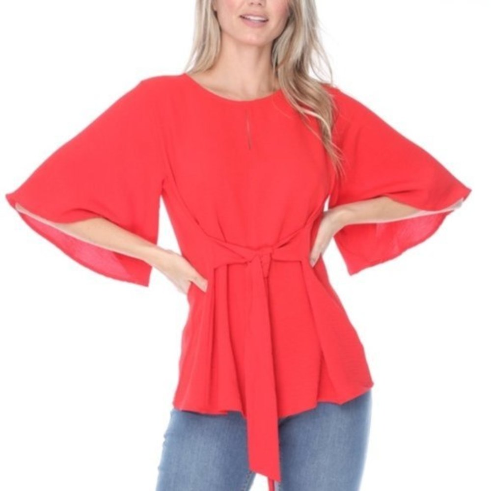 Ces'Femme Boutique Tomato Front Tie Flared Sleeve Babydoll Small Blouse